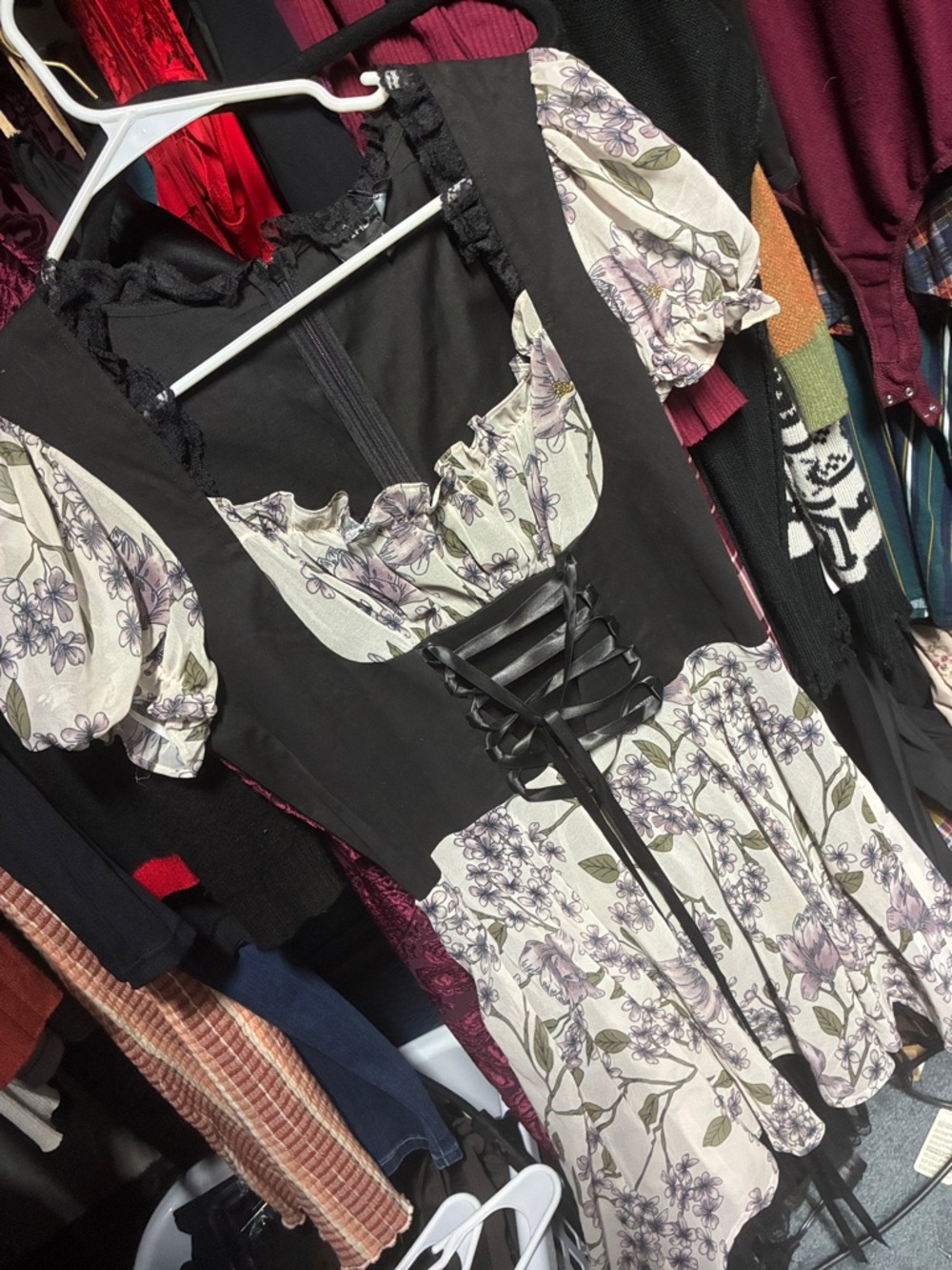 Floral Puff Sleeve Mini Dress with Corset Waist - Black & Cream
